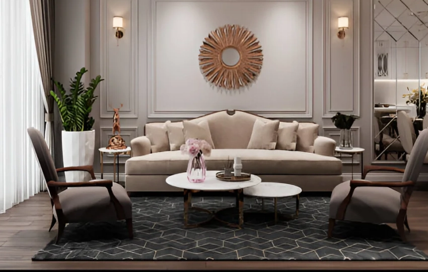 Luxurious modern living room interior designed by Shabad Interiors featuring a neutral color palette, elegant furniture, and artistic ceiling lighting.