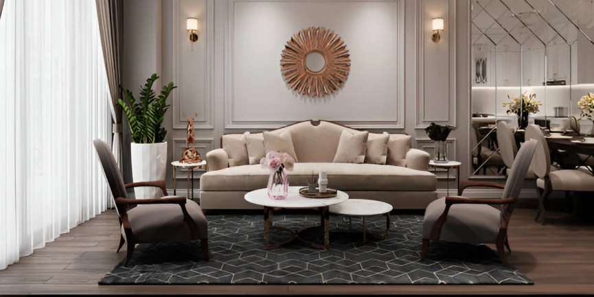 Luxurious modern living room interior designed by Shabad Interiors featuring a neutral color palette, elegant furniture, and artistic ceiling lighting.