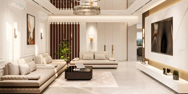 Modern luxury living room with beige sectional sofas, marble flooring, a large wall-mounted TV, elegant chandelier, indoor plant, and contemporary décor in neutral tones.