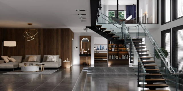 Modern living room and staircase design by an interior designer in Dehradun, featuring sleek furniture, wood accents, and glass railings.