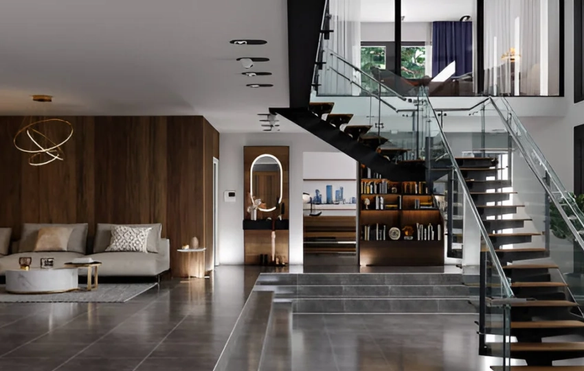 Modern living room and staircase design by an interior designer in Dehradun, featuring sleek furniture, wood accents, and glass railings.